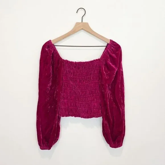Anthropologie Magenta Pink Rose Smocked Velvet Puff Sleeve Peasant Blouse Ruffle - Picture 3 of 8